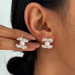 Silver Pearl Crystal C Clip Stud Earrings